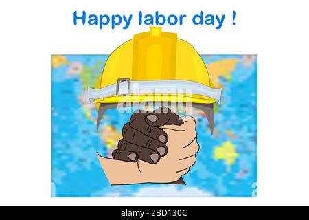 Journée du travail. Cadre heureux de la journée du travail avec les mains, carte du monde et casque isolé sur fond blanc. Illustration de la journée internationale des travailleurs. Vecteur de stock Illustration de Vecteur