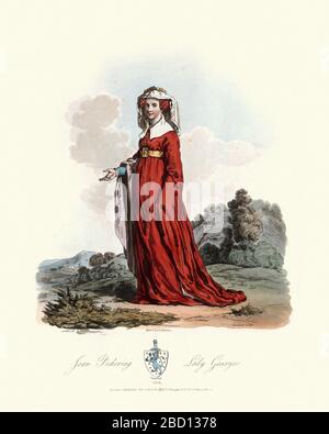 Mode médiéval, jeune femme médiévale portant une longue robe rouge. Joan de Pickering, Lady Gascoigne, 15ème siècle. Épouse de Sir William Gascoigne. Banque D'Images