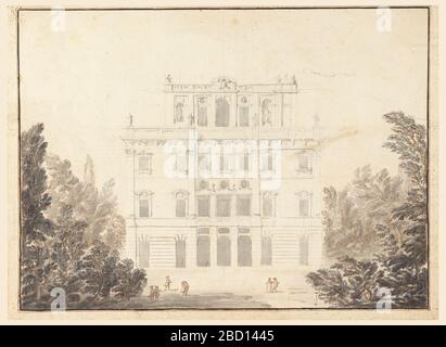 Design pour un casino dans un parc. Recherche dans le rectangle Progresshorizontal. Bâtiment de trois étages avec ce qui semble être une loggia sur le dessus. Certains groupes de chiffres sur des terrains. Arbres à gauche et à droite. Au-dessus à droite, une esquisse pour le profil des côtés extérieurs de la loggia. Design pour un casino dans un parc Banque D'Images