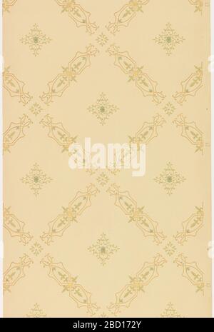 Papier de plafond. Recherche dans le modèle ProgressLarge trellis, cellules bordées en stylisé, en ligne ouverte et en fleur de lis. Chaque cellule contient un médaillon en forme de losange composé de scrollwork foliaire stylisé avec de petites perles brunes au centre. Papier de plafond Banque D'Images