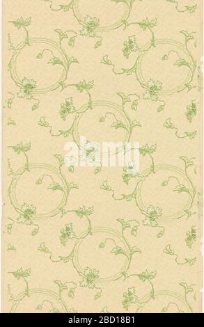 Papier de plafond. Recherche en ProgressLarge, couronnes interconnectées de vignes avec feuillage sur fond de rayures courtes formant des motifs géométriques. Imprimé en vert sur un sol crème-beige. Imprimé dans Selvedge: 'Liberty Papers'. Papier de plafond Banque D'Images