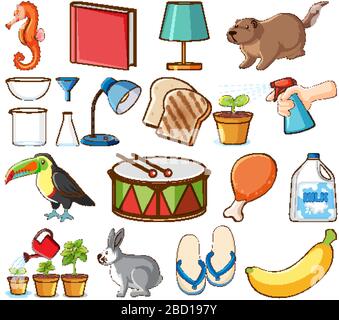 Grand ensemble d'animaux et d'autres objets sur fond blanc illustration Illustration de Vecteur