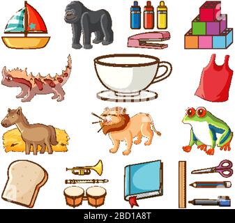 Grand ensemble d'animaux et d'autres objets sur fond blanc illustration Illustration de Vecteur