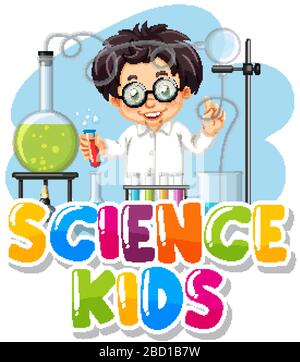 Police de caractères pour les enfants de science de mot avec enfant dans l'illustration de laboratoire Illustration de Vecteur