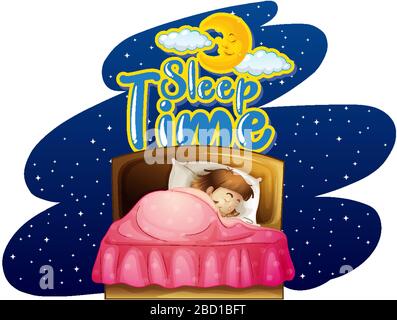 Police de caractères pour mot sommeil temps avec fille dormir dans l'illustration de lit Illustration de Vecteur
