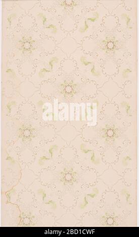 Papier de plafond. Recherche dans ProgressLarge quattrefoil modèle de acanthus et scrollwork avec des médaillons floraux stylisés centraux et des sections de treillis ou de couches. Imprimé en kaki, vert pâle et blanc sur sol beige. Papier de plafond Banque D'Images