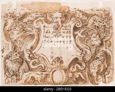 Recto conception préliminaire pour la page de titre de la série imprimée Venationes Ferarum Arium Pisium Verso notes de Stradanus sur les paiements à un tailleur. La recherche dans ProgressAn escutcheon est au centre. Il est flanqué de dragons. La tête d'un éléphant est illustrée ci-dessus, au centre, les têtes d'un boar et d'une bande, respectivement, sur les rouleaux supérieurs. Recto conception préliminaire pour la page de titre de la série imprimée Venationes Ferarum Arium Pisium Verso notes de Stradanus sur les paiements à un tailleur Banque D'Images