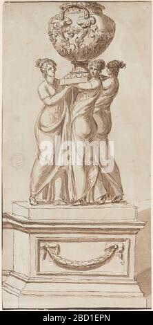 Socle avec Figures femelles supportant une vase. Recherche en ProgressThree femmes dans la robe classique soutien un vase décoré de fleurs et une poignée montrant. Ci-dessous se trouve une grande plinthe, à l'avant d'une tablette avec un festin. Socle avec Figures femelles supportant une vase Banque D'Images