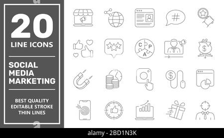 Les icônes SMM définissent la collection. Comprend des éléments simples tels que le contenu, le marketing vidéo, la rédaction, le ciblage publicitaire, le marketing public, Blogging et Illustration de Vecteur