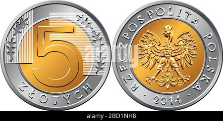 Argent polonais vectoriel cinq zloty or et argent pièce avec aigle en couronne d'or sur obverse, valeur et 5 feuilles dans la partie anneau à l'envers Illustration de Vecteur