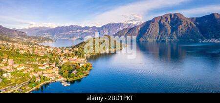 Vue aérienne des villages de Trémezzina en automne, lac de Côme, Lombardie, lacs italiens, Italie, Europe Banque D'Images