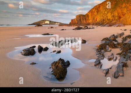 Île Burgh de Bigbury-on-Sea Beach en hiver, South Hams, Devon, Angleterre, Royaume-Uni, Europe Banque D'Images