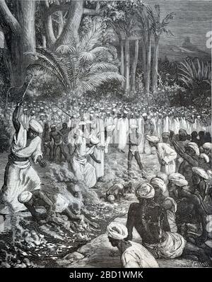 Fireswalking, Marche sur feu ou danse de feu par la communauté hindoue indienne à la Réunion Island Océan Indien. Vintage ou ancienne illustration ou gravure 1881 Banque D'Images