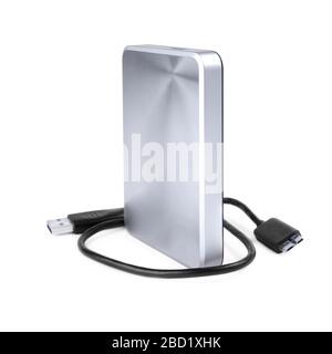 Disque dur externe argent 2,5 pouces avec un câble usb isolé sur blanc. Banque D'Images