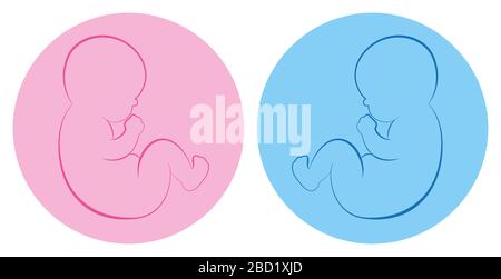 Pictogramme jumeaux. Bébé garçon et fille de bébé sur fond rond bleu et rose. Banque D'Images