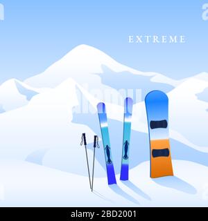 Station de ski. Ski et snowboard à flanc de colline et paysage des mauntines. Bannière d'activité extrême. Vecteur Illustration de Vecteur