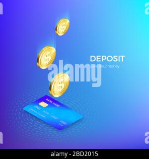 La pièce de monnaie tombe dans la bannière isométrique de la carte de crédit. Services bancaires ou de paiement. Réapprovisionnement des dépôts et économies. Illustration vectorielle en bleu Illustration de Vecteur