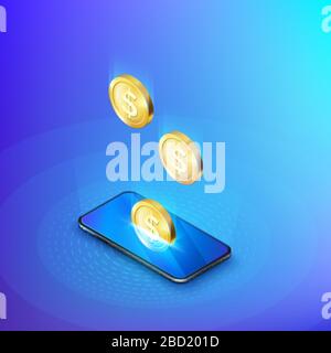 La pièce de monnaie tombe dans la bannière isométrique du téléphone mobile. Services bancaires ou de paiement en ligne. Réapprovisionnement des dépôts et économies. Illustration vectorielle Illustration de Vecteur
