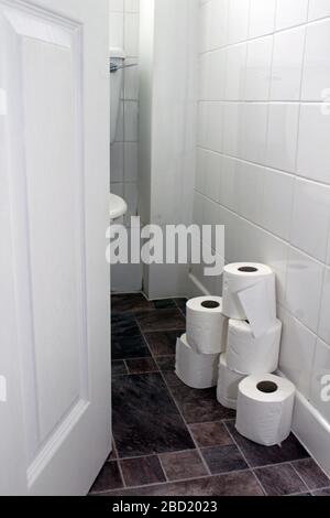 Rouleaux de papier toilette dans une salle de bains carrelée Banque D'Images