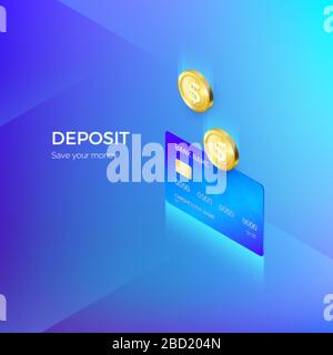 La pièce de monnaie tombe dans la bannière isométrique de la carte de crédit. Services bancaires ou de paiement. Réapprovisionnement des dépôts et économies. Illustration vectorielle Illustration de Vecteur