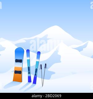 Station de ski. Bannière d'activité extrême. Ski et snowboard à flanc de colline et paysage des mauntines. Vecteur Illustration de Vecteur