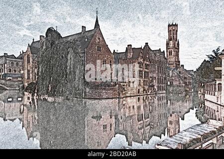 Vue de Rozenhoedkaai par la rivière Reie au Beffroi, construite de 1282 à 1482. La tour mesure 88 mètres de haut. Le carillon se compose de 47 cloches, Bruges, Banque D'Images