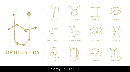 Horoscope vectoriel doré et pailleté, signes et constellation. Zodiaque des signes célestes stylisés comme des lignes brillantes et des points. Cancer, gémeaux et autres Illustration de Vecteur