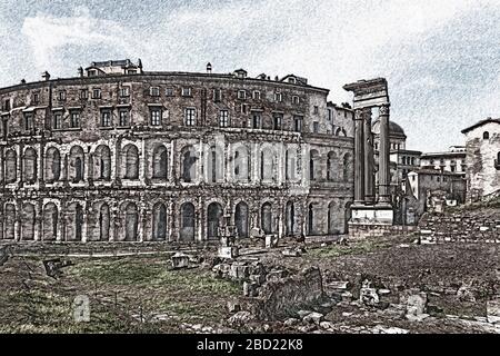 Le théâtre de Marcellus a ouvert ses portes en 13 av. À côté se trouvent les ruines du temple d'Apollon de Sosianus, Rome, Latium, Italie, Europe Banque D'Images