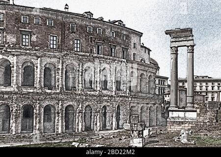 Le théâtre de Marcellus a ouvert ses portes en 13 av. À côté se trouvent les ruines du temple d'Apollon de Sosianus, Rome, Latium, Italie, Europe Banque D'Images