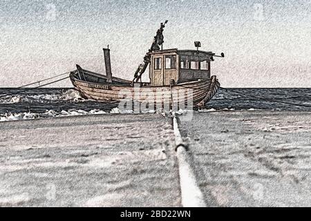 Bateau de pêche à la municipalité de la mer Baltique à Heringsdorf, Usedom Island, Mecklembourg-Poméranie occidentale, Allemagne, Europe Banque D'Images