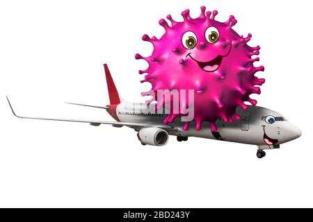 Bandes dessinées de l'épidémie de Coronavirus à bord d'un avion. Concept de crise des compagnies aériennes, des voyages d'affaires et du tourisme. Verrouillage de l'aéroport et annulation du vol pour Banque D'Images