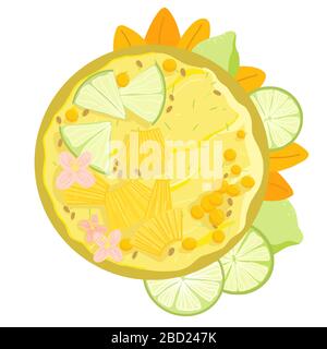 Bol à smoothie Acai avec citron vert, ananas, fleurs vue sur le dessus. Petit déjeuner sain et naturel. Portion de smoothie jaune avec des fruits dans un bol isolé Illustration de Vecteur