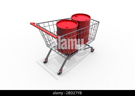illustration tridimensionnelle : deux fûts rouges de produits pétroliers dans un chariot d'achat en acier. Concept économique d'achat et de vente de pétrole. Banque D'Images