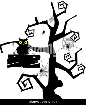 Happy Halloween Carte de Vœux. Design élégant avec un arbre, gothique, Owl, bandes de bois et les araignées sur fond orange. Vector illustration. Illustration de Vecteur