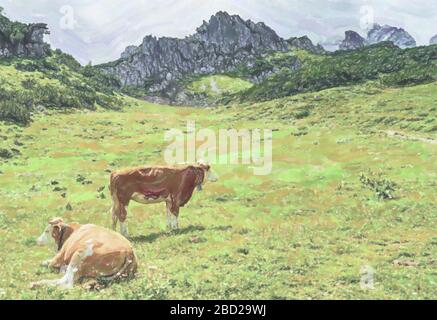 Illustration aquarelle: ALM avec prairie verte et vaches marrons tachetées avec des cloches devant le panorama du massif puissant des Alpes Limestone Banque D'Images