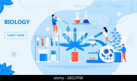 Biologie concept d'apprentissage en ligne. Technologie biologique, vecteur scientifique de la biotechnologie. De minuscules scientifiques étudient les micro-organismes au microscope. Médical Illustration de Vecteur