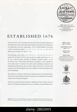 Catalogue Hats J. Lock & Co., publié pour la première fois au Royaume-Uni. Banque D'Images