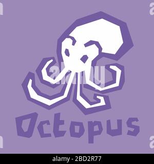 Illustration vectorielle stylisée Octopus isolée sur fond violet. Icône poulpe bébé puéril. Style moderne et brutal. Icône blanche, contour épais, texte Illustration de Vecteur