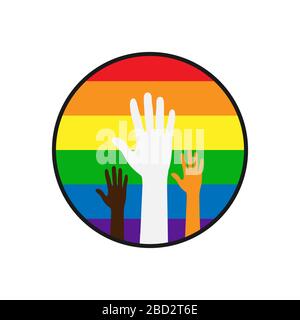 À l'intérieur du cercle, trois mains levées avec la paume se sont réparties sur le fond des couleurs LGBT, isolées sur un fond blanc, desi moderne plat Illustration de Vecteur