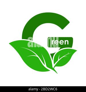 Lettre G et une feuille verte. Le mot vert stylisé. Illustration de stock vectoriel isolée sur un fond blanc. Conception plate Illustration de Vecteur