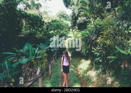 Jeune femme marchant dans la forêt tropicale. Forêt tropicale Banque D'Images