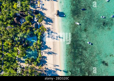 Vue aérienne, plage idyllique de palmiers, hôtel de luxe la Pirogue Resort & Spa, Flic en Flac, Ile Maurice Banque D'Images