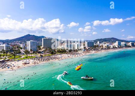 Vue aérienne, baie de baignade de Cala Millor et Cala Bona, région Llevant, Majorque, Ballearen, Espagne Banque D'Images