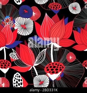 Fond fleuri brillant sans couture avec lotus rouges et feuilles sur fond sombre Illustration de Vecteur
