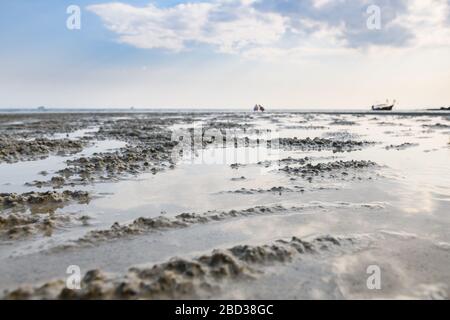 Surface de l'eau avec des hauts pierreux pointus à la côte des bassins d'eau peu profonde en Thaïlande de près Banque D'Images