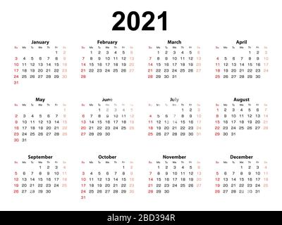 Calendrier pour 2021 ans, la semaine commence à partir du dimanche. Calendrier vectoriel simple en langue anglaise. Illustration de Vecteur
