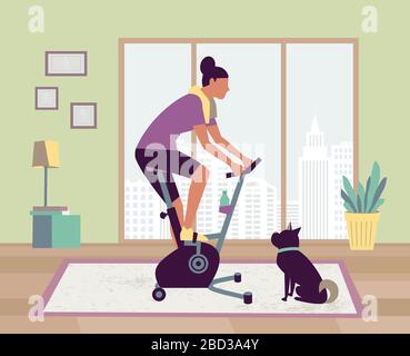 Femme à vélo d'appartement séjour à la maison avec un animal de compagnie Illustration de Vecteur