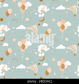 Mignonne modèle de bébé avec des ballons, des nuages et des roquettes modèle vectoriel sans couture arrière-plan tons neutres calme pépinière. Illustration de Vecteur