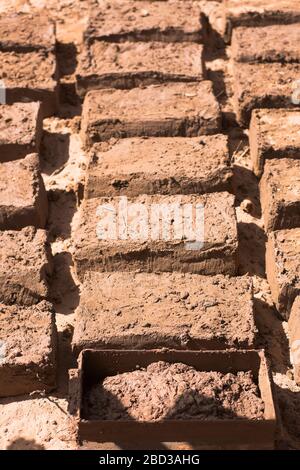 Briques Adobe pour la bio-construction dans la région de m'Hamid El Ghizlane, une petite ville oasis dans la province de Zagora au Maroc. Banque D'Images