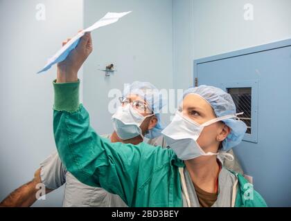 Le personnel médical de la marine américaine examine un filtre à particules à haut rendement avant une opération dans l'une des 12 salles d'opération à bord du navire hospitalier USNS Mercy déployé à l'appui de la COVID-19, pandémie de coronavirus le 2 avril 2020 à Los Angeles, Californie. Banque D'Images